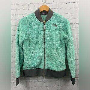 The North Face Fuzzy Mint Green Trim Full Zip Up Girls Size Large 14/16 Jacket